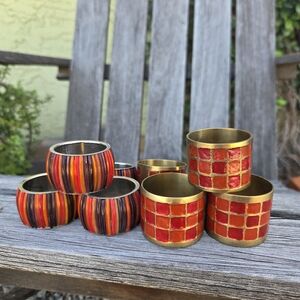 Set of Red & Orange Decorative Napkin Rings, Brass Accent 8 Total